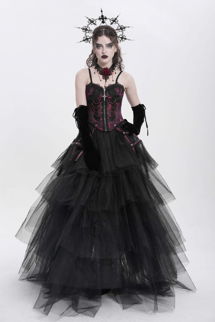 Red Sleeveless Embroidery Lace Chain Women's Gothic Vest - Product - 8