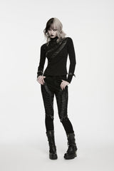 Black High Collar Long Sleeves Cut-Out Patchwork Slim Fit Asymmetric Buckled Women's Punk Cool Top - Product - 6