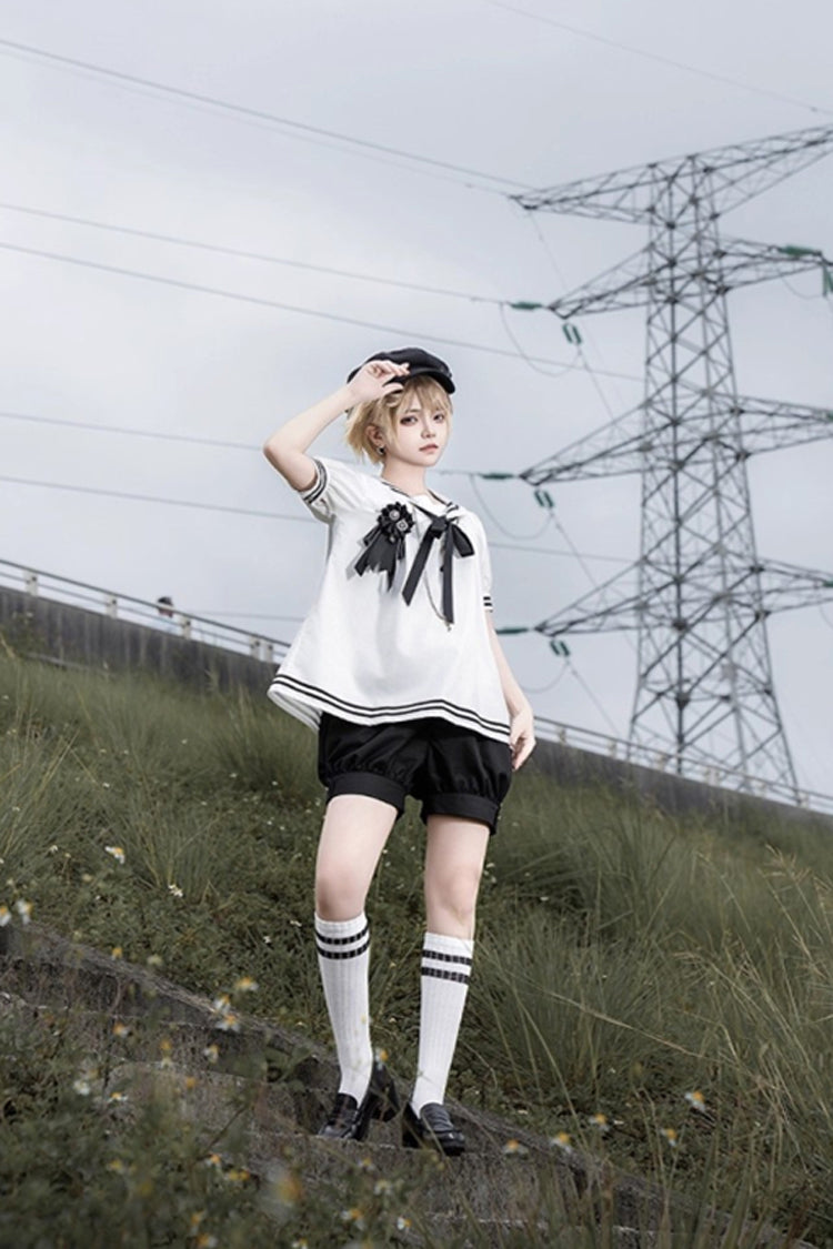 Black/White [Old Stories] Navy Collar Short Sleeves Bowknot Ouji Gothic Lolita Blouse Shorts Set - Product - 7