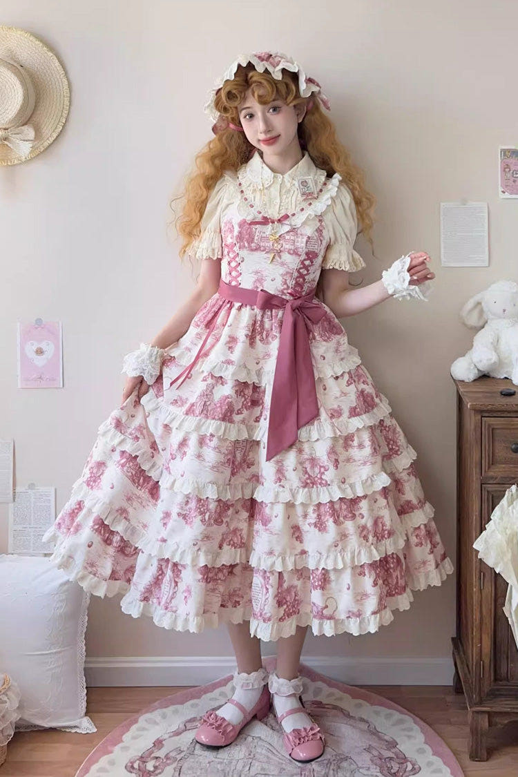 Rose Red [Grape Moon Almanac] Sleeveless Multi-Layered Printed Ruffled Bow Adjustable-Length Sweet Lolita Jsk Dress - Rose-Red - 1