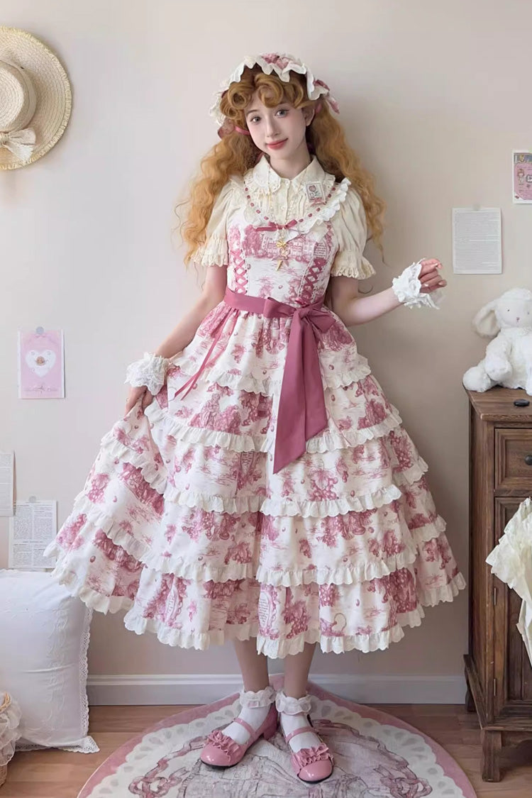 Rose Red [Grape Moon Almanac] Sleeveless Multi-Layered Printed Ruffled Bow Adjustable-Length Sweet Lolita Jsk Dress - Rose-Red - 1
