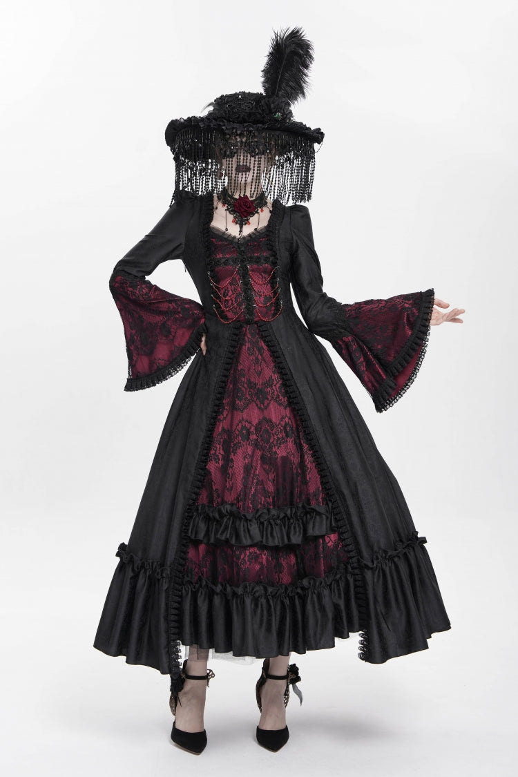 Red Long Sleeves Floral Embroidery Lace-Up Pleated Women's Gothic Dress - Product - 9