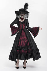 Red Long Sleeves Floral Embroidery Lace-Up Pleated Women's Gothic Dress - Product - 9