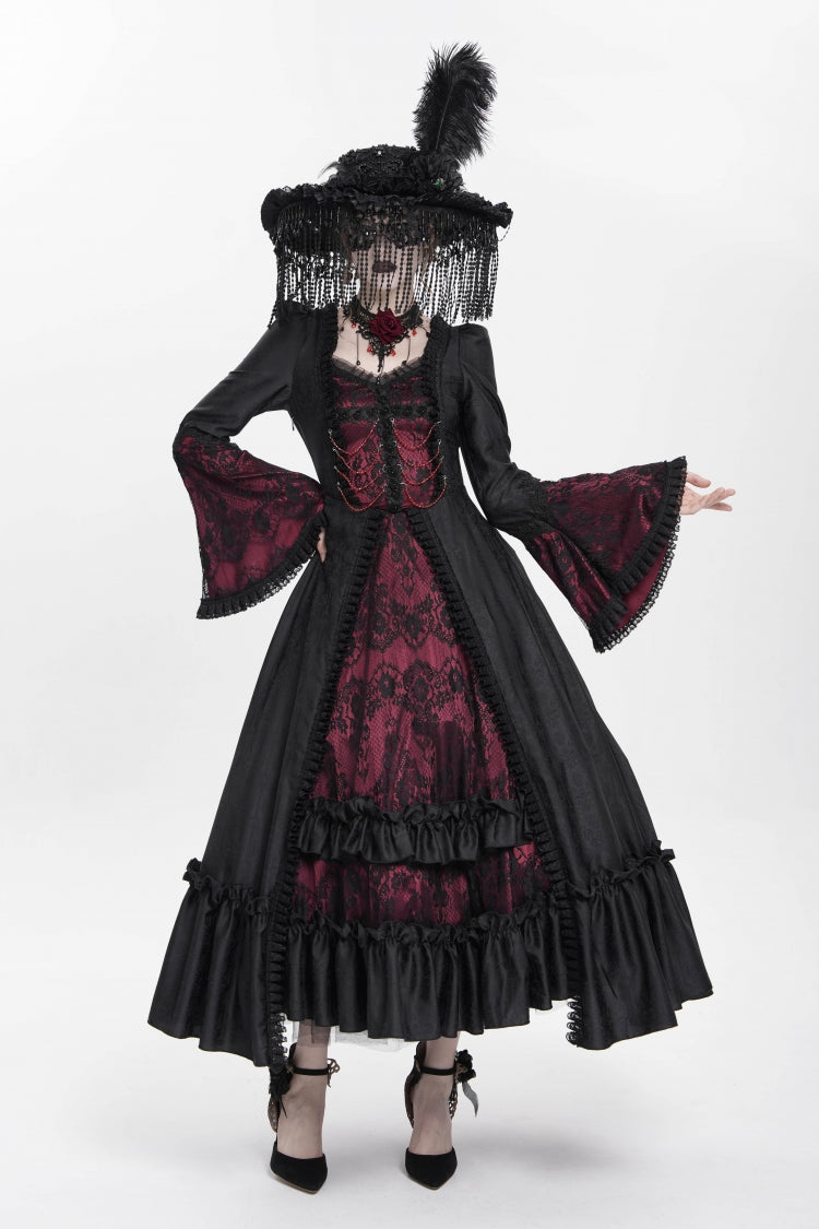 Red Long Sleeves Floral Embroidery Lace-Up Pleated Women's Gothic Dress - Product - 9