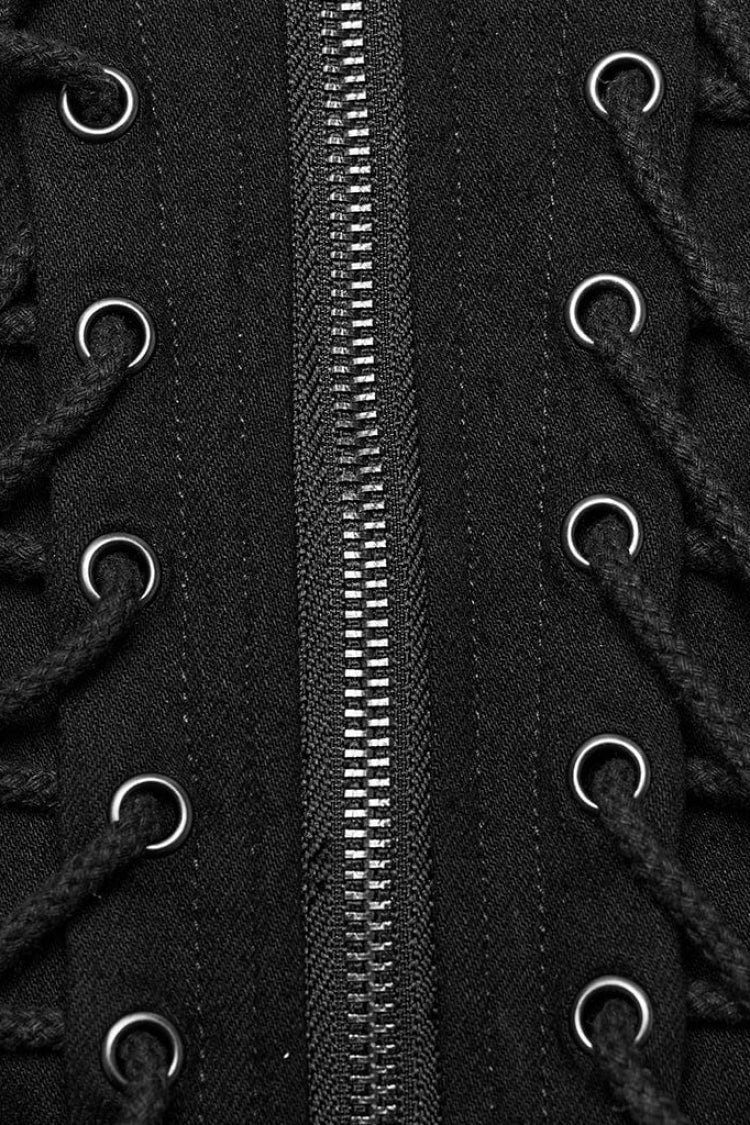 Black Denim Eyelet Rope Stand Collar Zipper Slim Irregular Womens Steampunk Coat - Product - 8