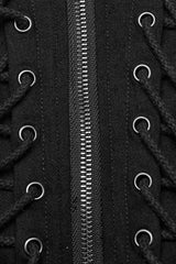Black Denim Eyelet Rope Stand Collar Zipper Slim Irregular Womens Steampunk Coat - Product - 8