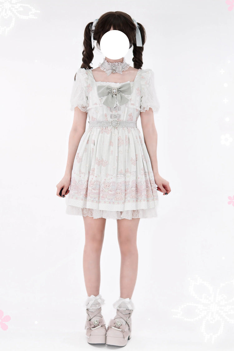 Pink/Green [Teddy Bear Party] Square Collar Short Sleeves Printed Ruffled Bow Lace Sweet Jirai Kei Japanese Dress - Product - 2