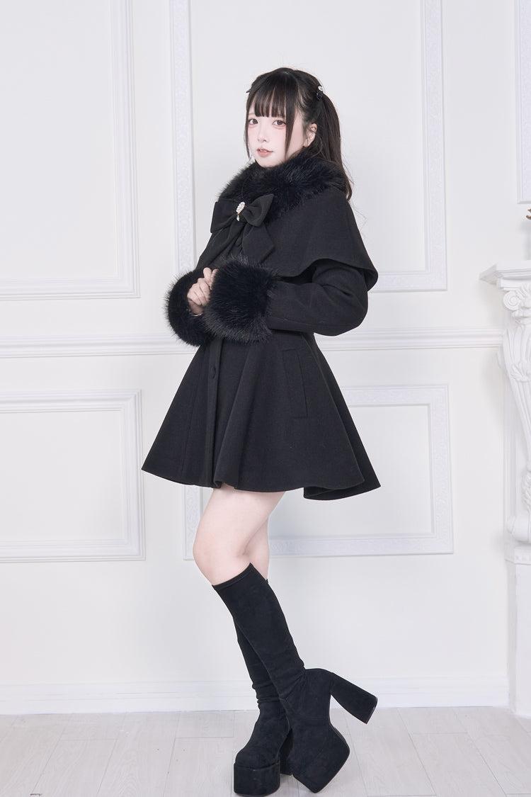 Black Plush Collar Long Sleeves Bowknot Japanese Sweet Lolita Coat - Product - 10