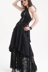 Black Halterneck Hollow Lace Women's Gothic Strap Maxi Dress - Product - 2
