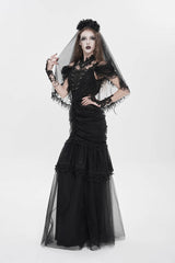 Black Off Shoulder Ruffled Cut-Out Lace Pleated Women's Gothic Dress - Product - 3