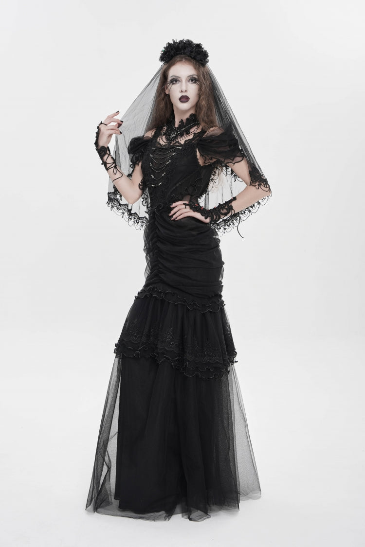 Black Off Shoulder Ruffled Cut-Out Lace Pleated Women's Gothic Dress - Product - 3