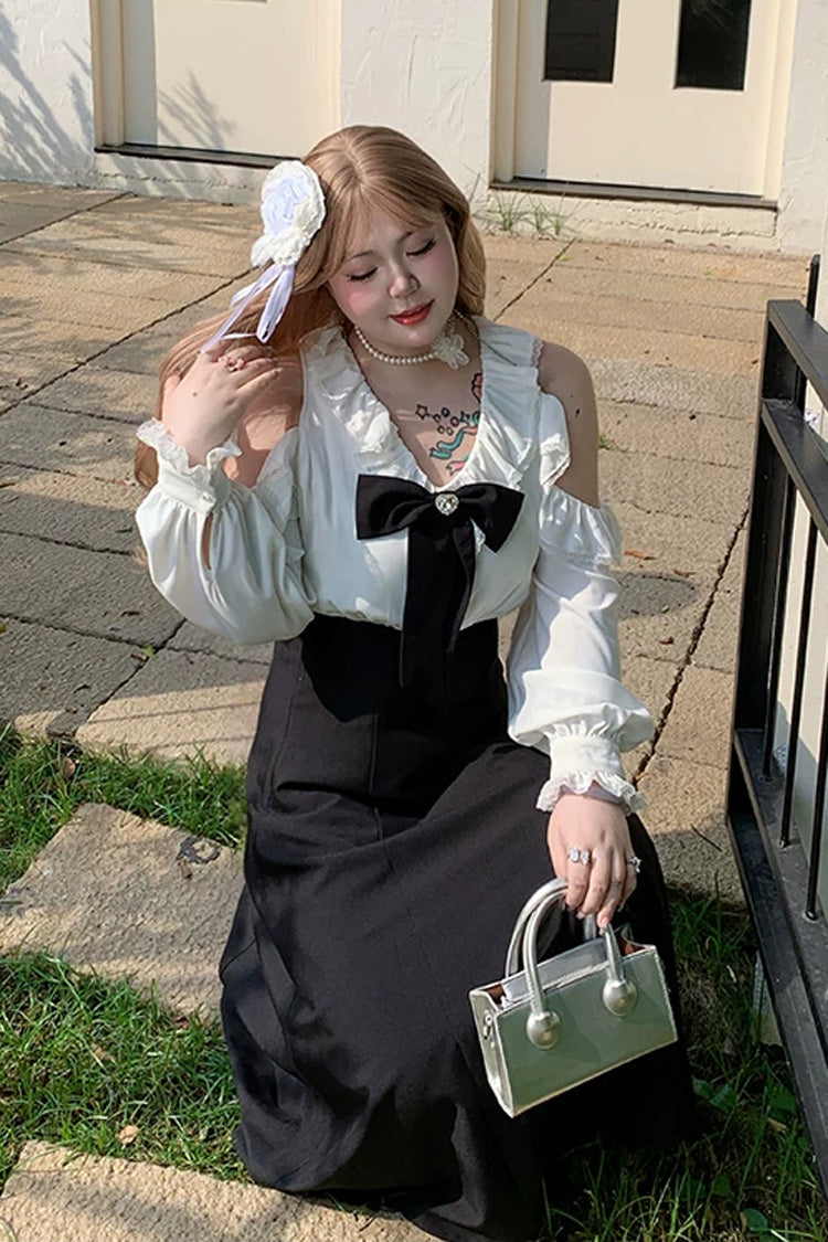 Black/White V Collar Off Shoulder Long Sleeves Ruffled Bow Faux Two-Piece Classic Plus Size Lolita Dress - Product - 2