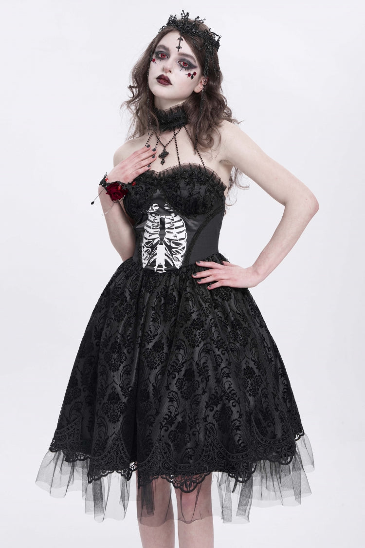Black Halterneck Skeleton Print Embroidery Stitching Lace Women's Gothic Dress - Product - 3