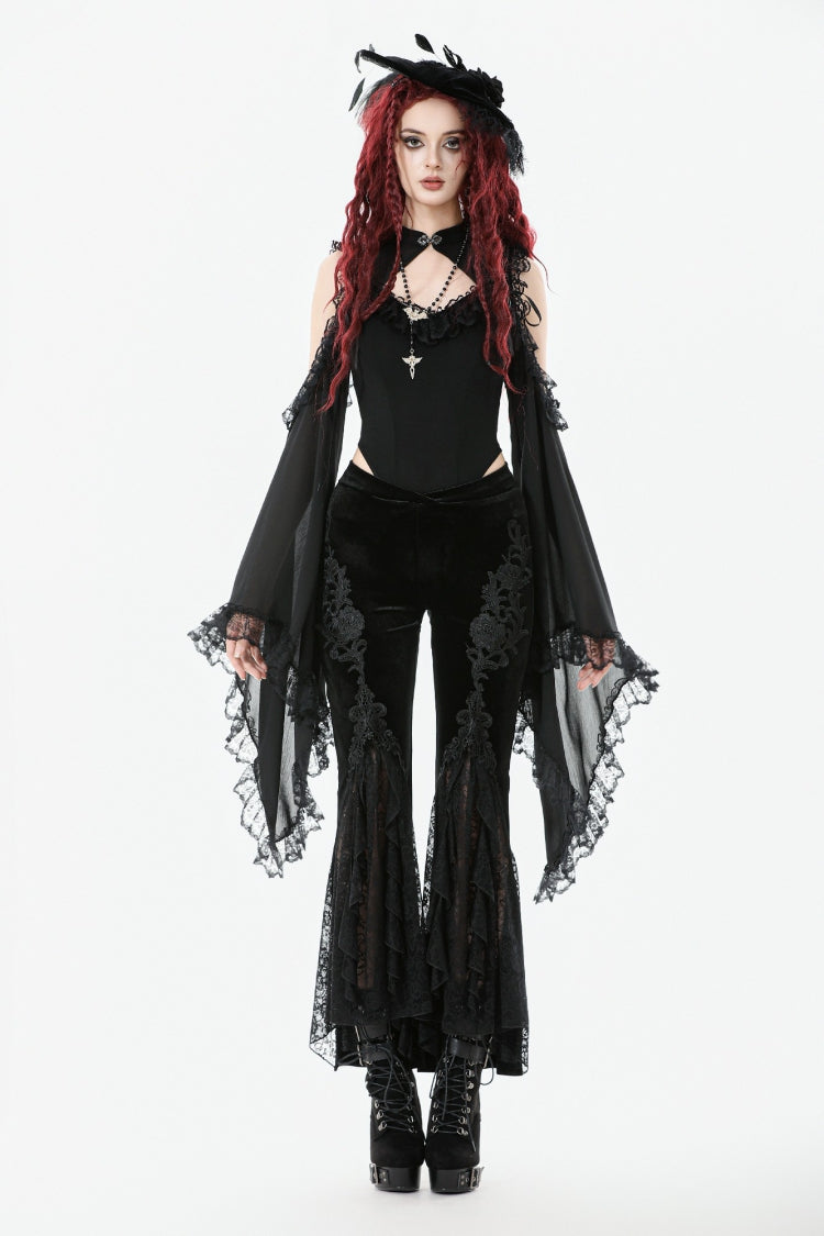 Black Women's Gothic Floral Embroidered Lace Flared Pants - Product - 5