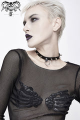 Black Round Collar Chest Skull Palm Long Sleeve Women's Punk Mesh Shirt - Product - 7