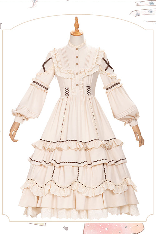 Beige Lantern Sleeves Multi-Layer Ruffled Removable Sweet OP Tiered Dress (Dress Only) detail view 6