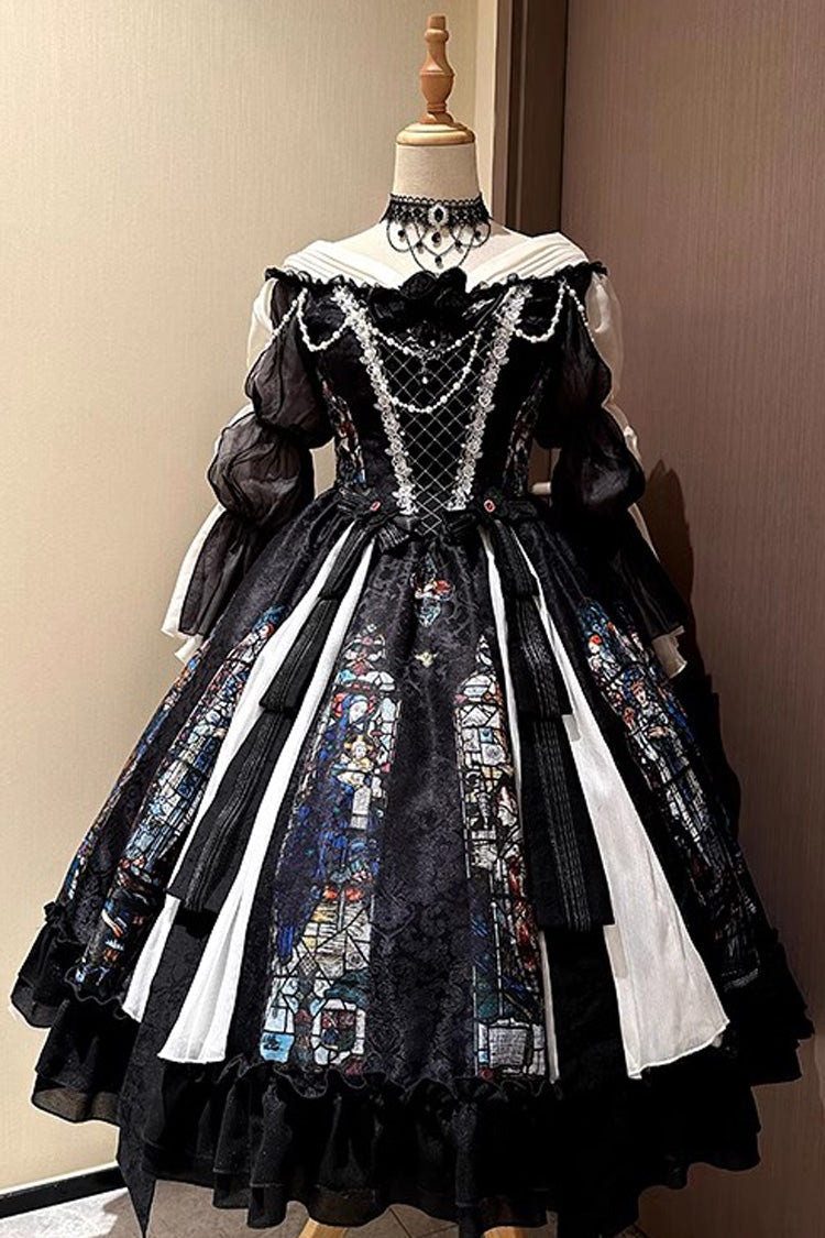 Black Stained Window Print Ruffle Bowknot Gothic Elegant Lolita Jsk Dress - Product - 5