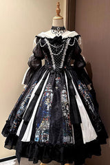 Black Stained Window Print Ruffle Bowknot Gothic Elegant Lolita Jsk Dress - Product - 5