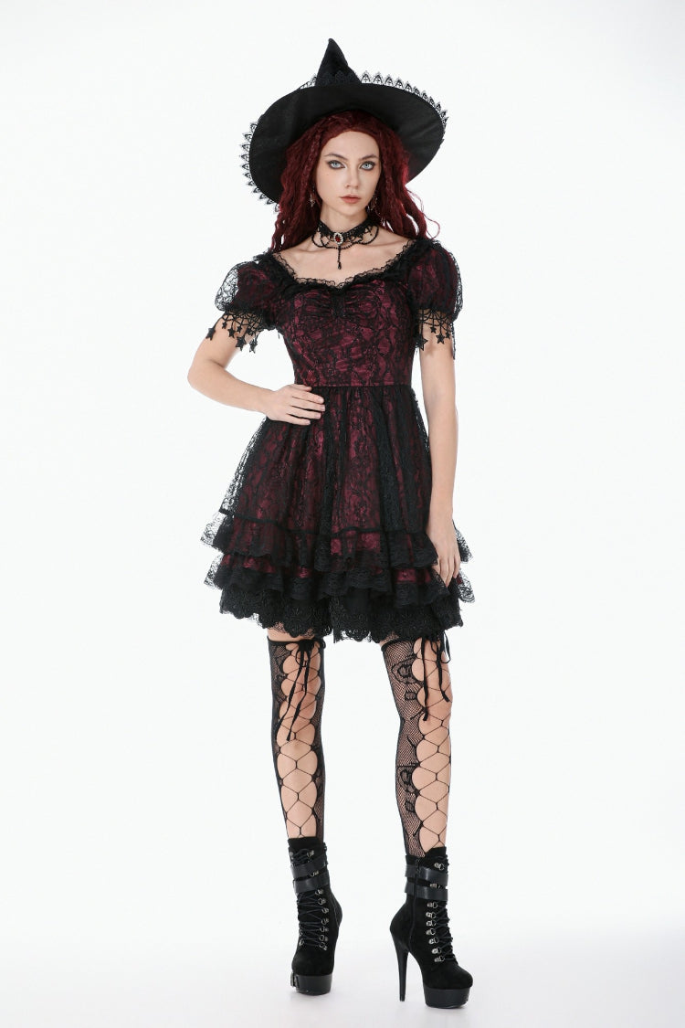 Black/Red Star Square-cut Collar Short Sleeves Lace Women's Gothic Priness Dress Graduation Dress - Product - 12