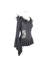 Black Knit One-Word Shoulder Rose Decoration Collar Waist Side Splice Lace Up Flare Sleeve Women's Gothic Shirt - Product - 6
