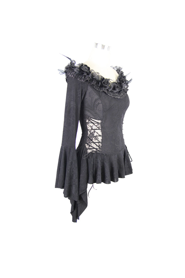 Black Knit One-Word Shoulder Rose Decoration Collar Waist Side Splice Lace Up Flare Sleeve Women's Gothic Shirt - Product - 6