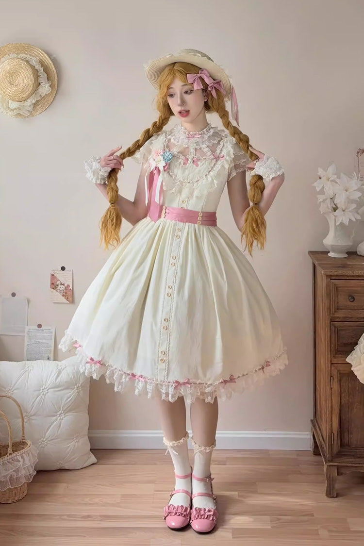 Yellow [Sakura’s Spring Resonance] Sleeveless Ruffled Bow Sweet Lolita Jsk Dress (Short Version) - Yellow - 1