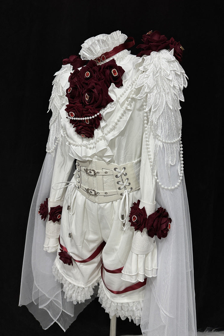 White [Ailing Stars] Stand Collar Long Sleeves Ruffled Pearl Detail Classic Ouji Lolita Set - Product - 2