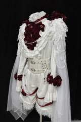White [Ailing Stars] Stand Collar Long Sleeves Ruffled Pearl Detail Classic Ouji Lolita Set - Product - 2