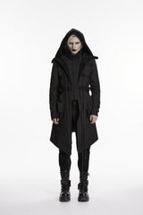 Black Stand Collar Long Sleeves Hooded Faux Two-Piece Zippered Men's Punk Big Pockets Strappy Jacket - Product - 2