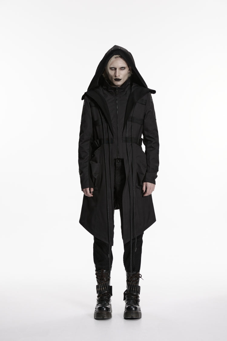 Black Stand Collar Long Sleeves Hooded Faux Two-Piece Zippered Men's Punk Big Pockets Strappy Jacket - Product - 2