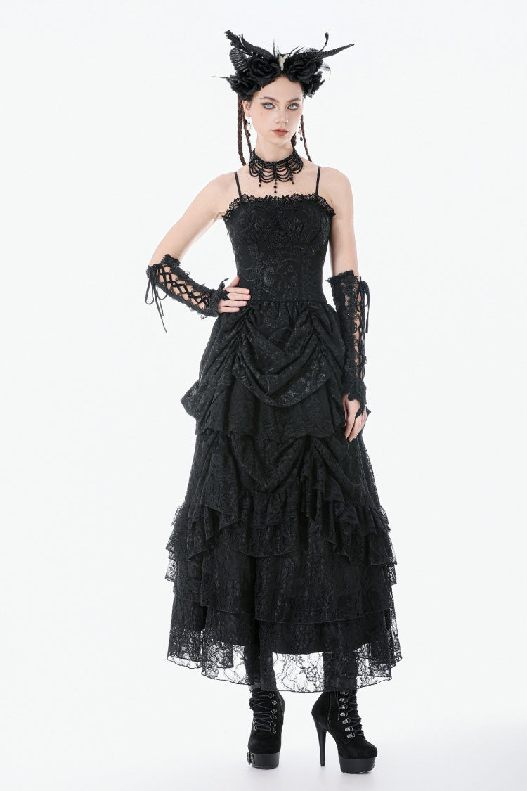 Black Sleeveless Multi-Layered Embroidered Women's Gothic Peplum Court Slip Dress - Product - 9