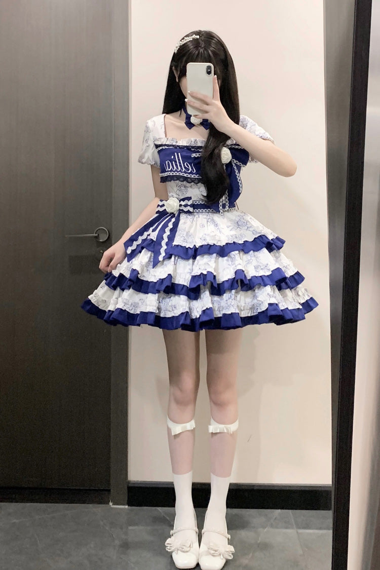 Blue/White Porcelain Print Multi-layer Ruffle Embroidery Bowknot Sweet Lolita Dress - Product - 6