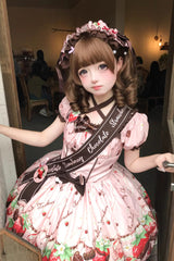 Pink [Strawberry Chocolate Lover] Square Collar Short Sleeves Printed Ruffled Bow Lace Sweet Lolita Dress - Product - 19