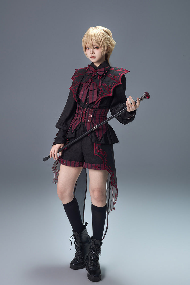 Black/Red [Demon Ritual] Stand Collar Long Lantern Sleeves Jacquard Embroidered Bow Gothic Prince Ouji Lolita Shorts Set - Product - 4