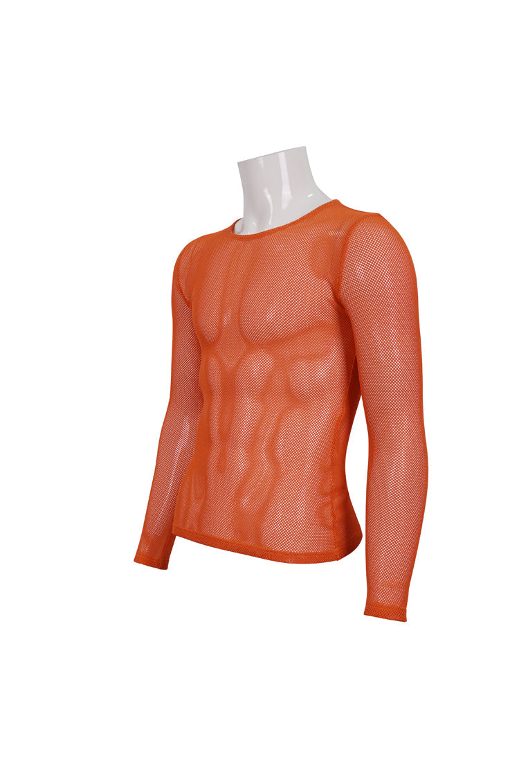 Orange Elasticity High Neck Long Sleeve Mesh Men's Gothic T-Shirt - Product - 7