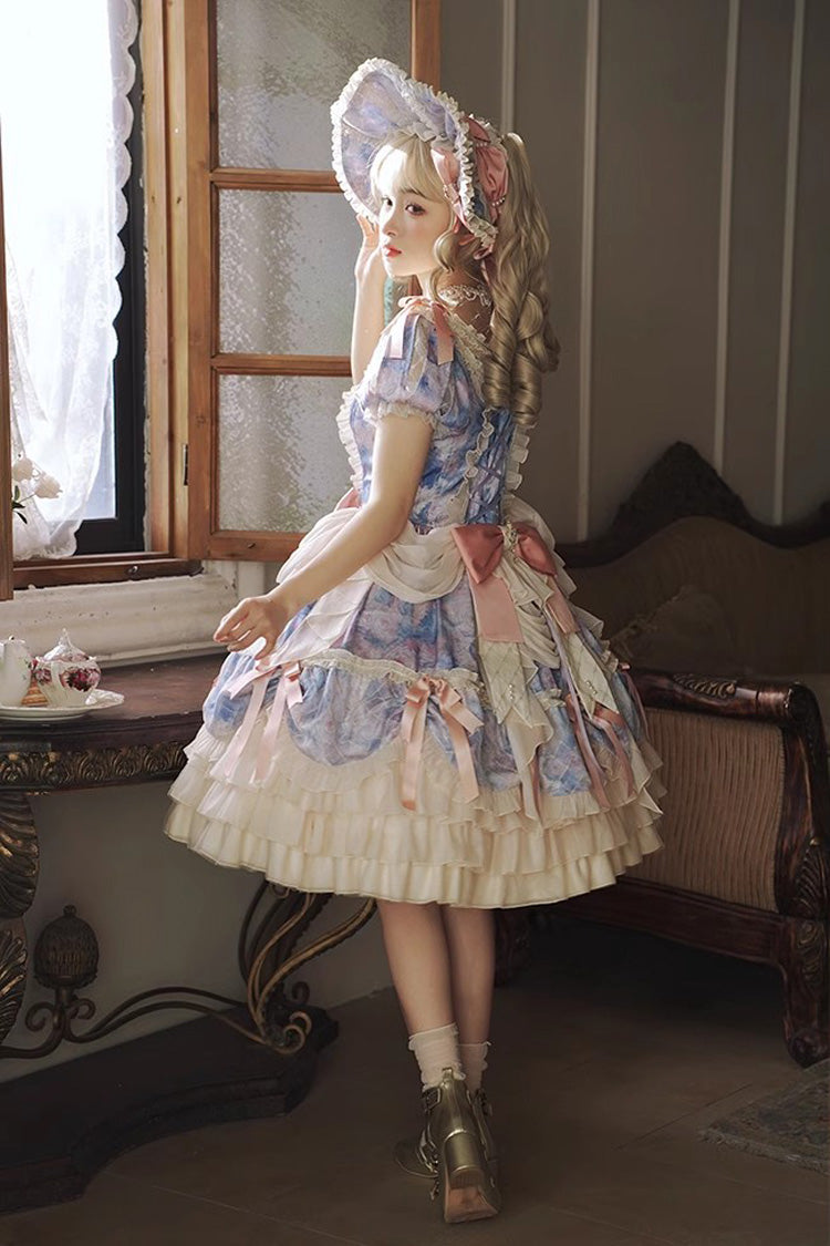 [Angel Heart Sky Oil Painting] Print Ruffle Cardigan Bowknot Sweet Princess Lolita Dress 3 Colors - Product - 13