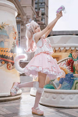 Pink [Miss Meow] Print Ruffle Bowknot Sweet Lolita Skirt Set - Product - 5