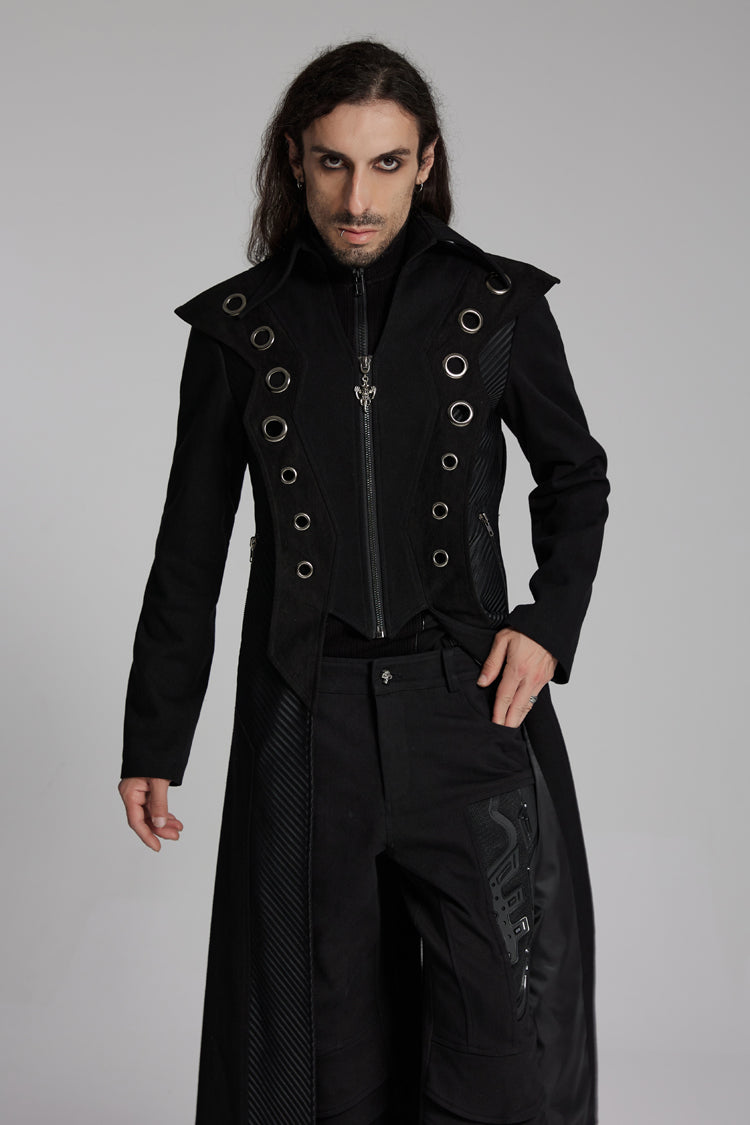 Black Metal Ring Zipper Long Sleeves Men's Punk Long Jacket - Product - 3