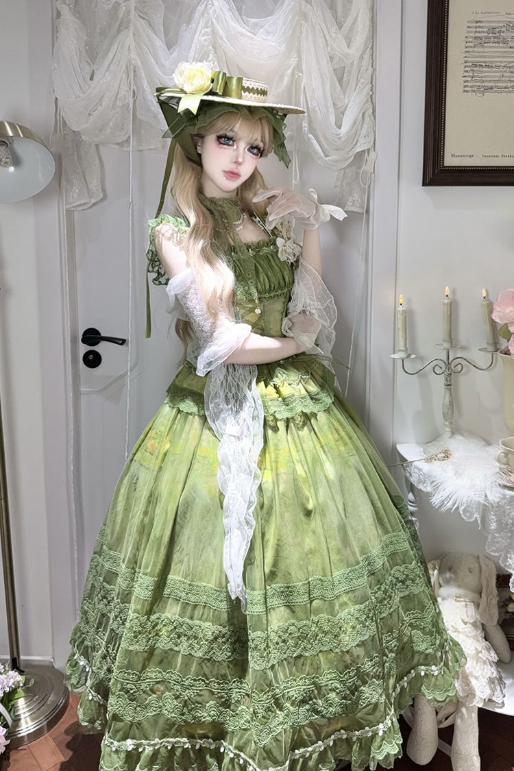 Green [Mist-shrouded Vineyard] Sleeveless Ruffle Bowknot Lace-Up Sweet Lolita Jsk Skirt Dress Set - Product - 4