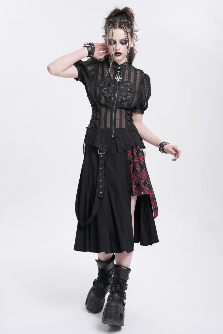 Black Stand Collar Short Puff Sleeves Sheer Mesh Women's Gothic Blouse - Product - 9