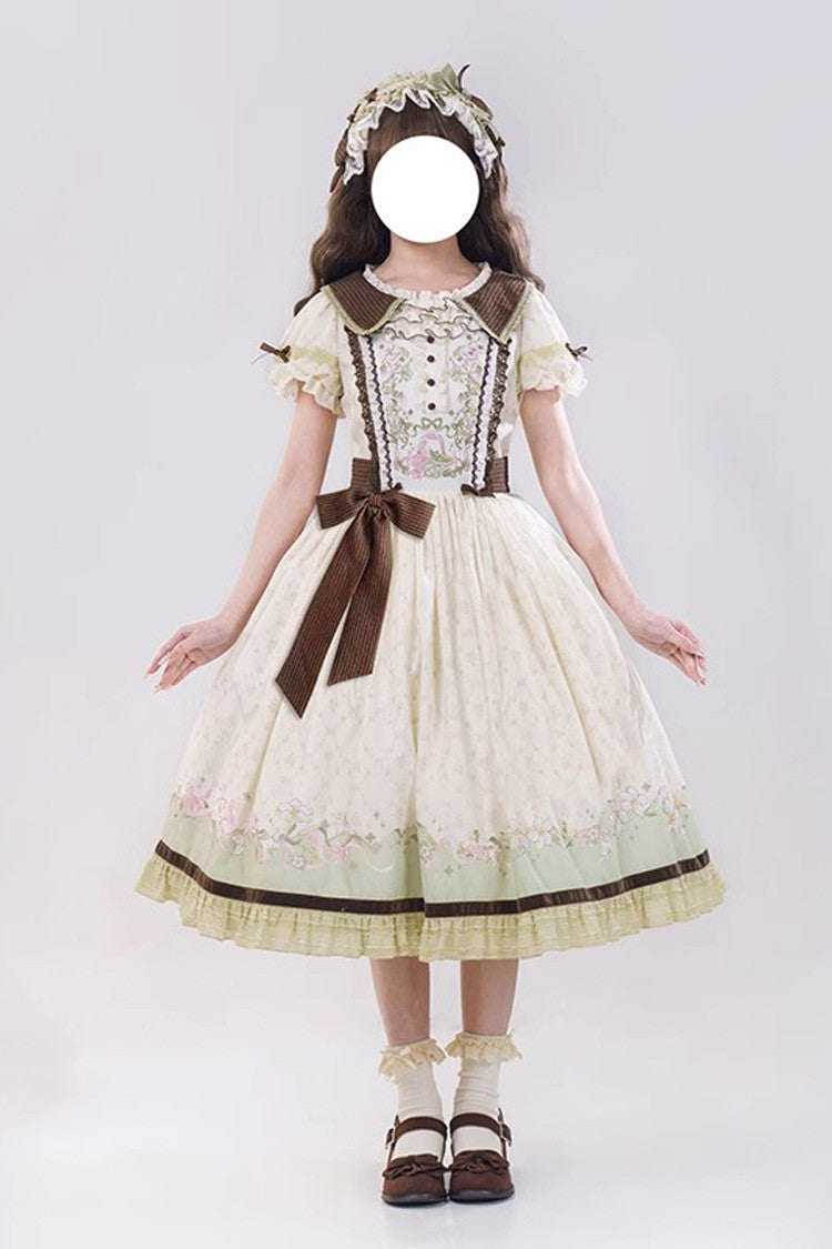 Green/Ivory [Lily] Short Sleeves Print Ruffle Embroidery Bowknot Lace Sweet Elegant Lolita Dress - Green/Ivory - 15