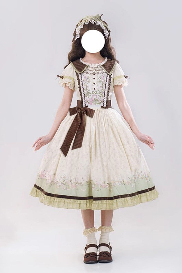 Green/Ivory [Lily] Short Sleeves Print Ruffle Embroidery Bowknot Lace Sweet Elegant Lolita Dress - Green/Ivory - 15