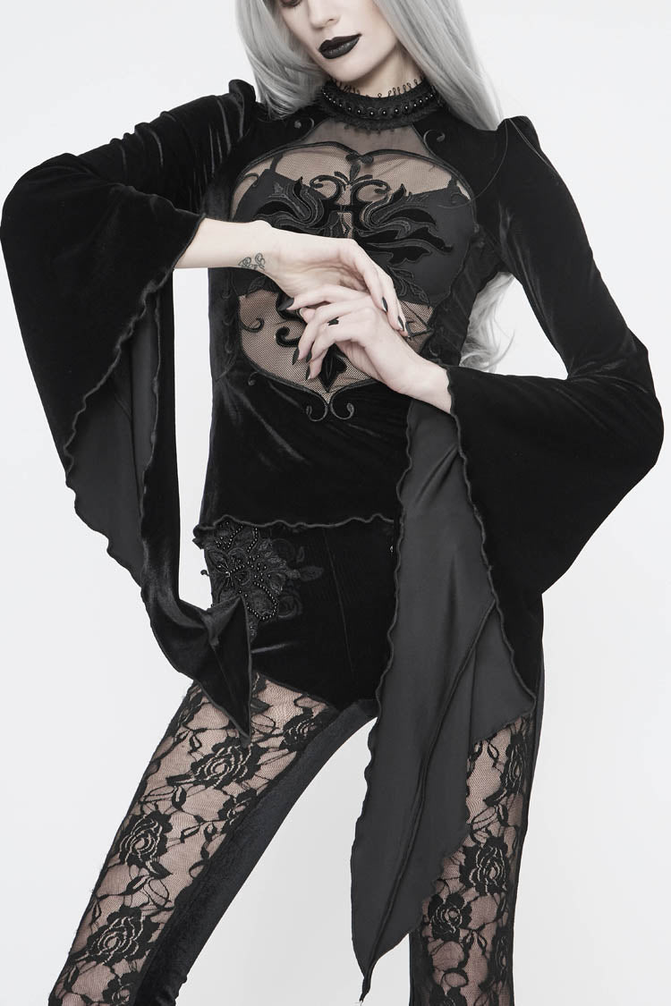 Black High Collar Front Chest Splice Mesh Embroidered Flare Sleeve Women's Gothic T-Shirt - Black - 1
