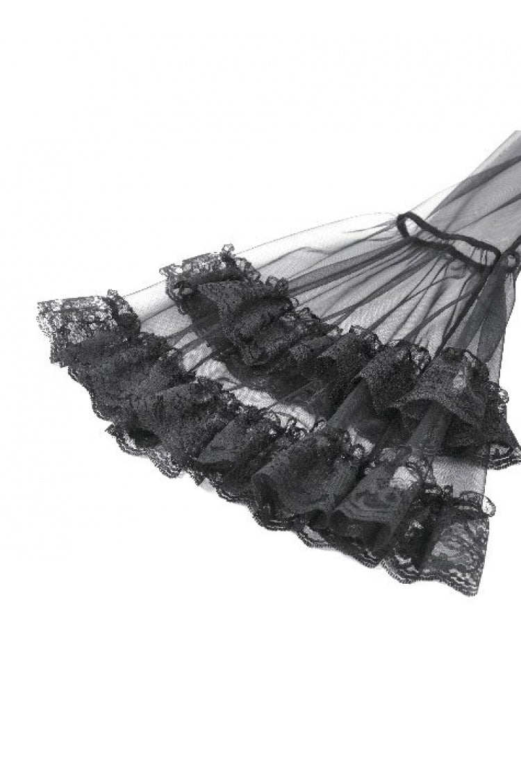 Black Deep-V Ruffled Long Flare Sleeves Sheer Lace Patchwork Lace-Up Women's Gothic Duster - Product - 16