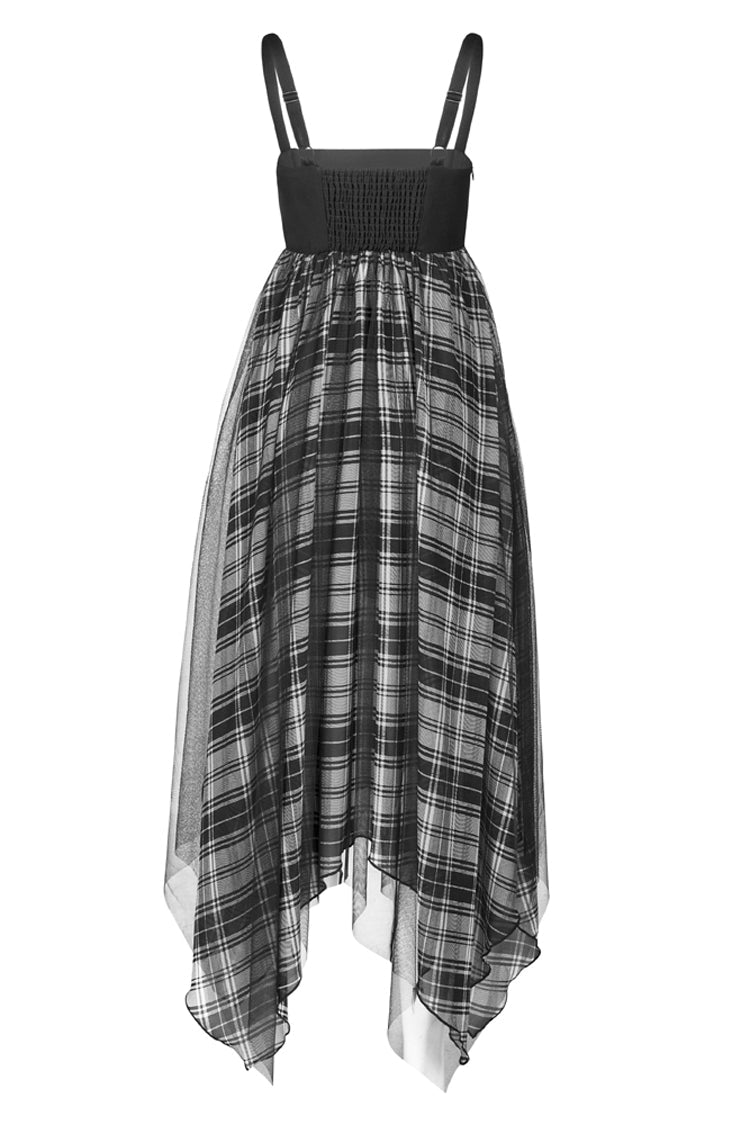 Black Metal Eyelets Shoulder Strap Irregular Hem Plaid Long Chiffon Women's Punk Slip Dress - Product - 6