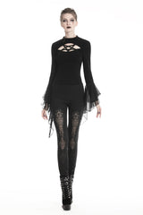 Black Floral Cut-Out Lace-Up Women's Gothic Leggings - Product - 6