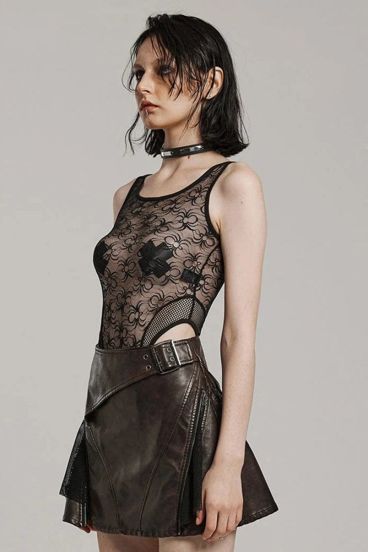 Sleeveless Print Hollow Lace Mesh Sheer Womens Steampunk Bodysuit 3 Colors - Product - 17
