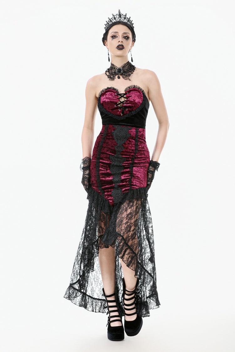 Black/Red Embroidered Velvet Spliced Lace Lace-Up Women's Gothic High/Low Maxi Skirt - Product - 6