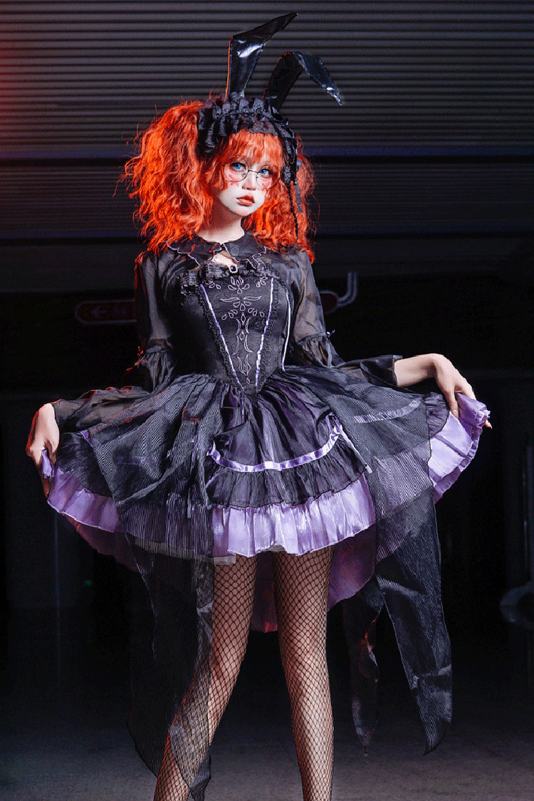 Black/Purple [Devil Girl] Print Ruffle Embroidery Gothic Lolita Jsk Dress - Product - 4