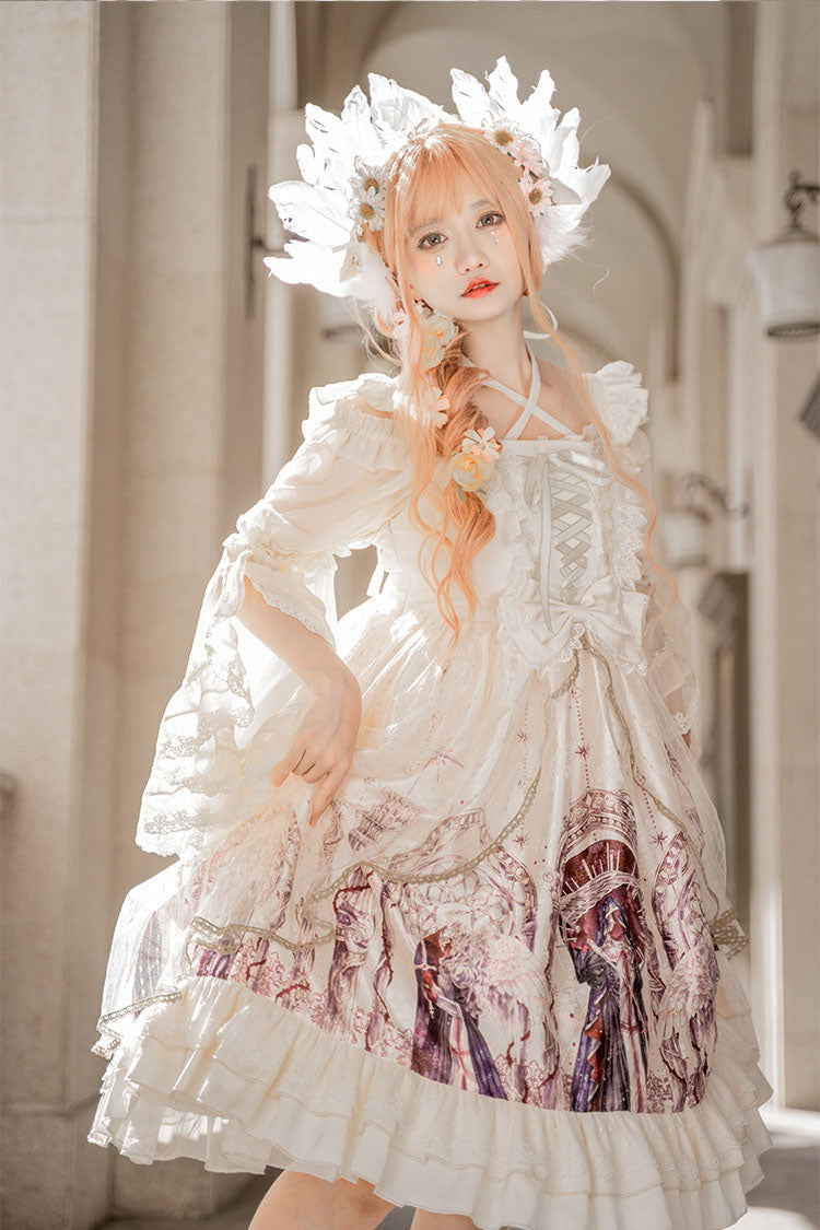 Ivory Ancient Mythology Angel Wings Print Mesh Stitching Bowknot Ruffled Gothic Lolita Jsk Dress - Product - 2
